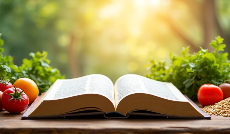 Egy nyitott könyv és egészséges ételek, amelyek a tudást és a táplálkozást szimbolizálják.