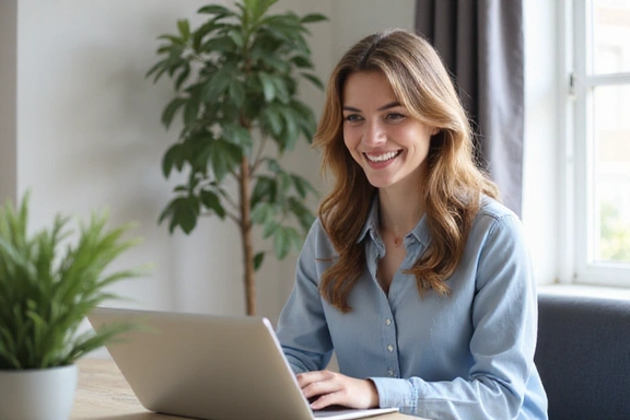 Fiatal nő laptop előtt online tanácsadáson vesz részt