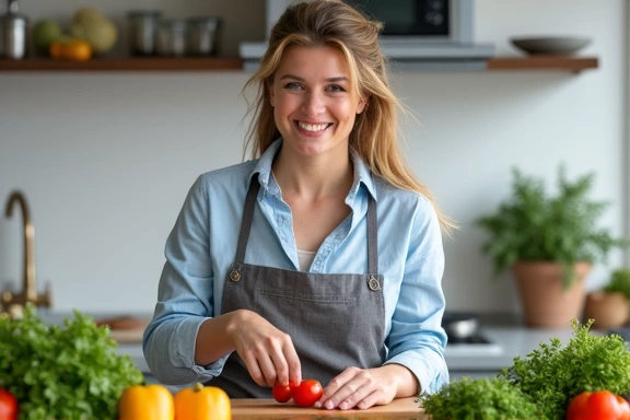 Nő, aki zöldségeket készít, mosolyogva, egészséges életmódot szimbolizálva.