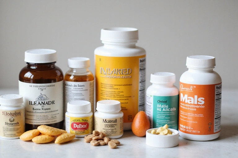 Különböző étrend-kiegészítők, vitaminok és ásványi anyagok rendezetten elhelyezve egy asztalon.